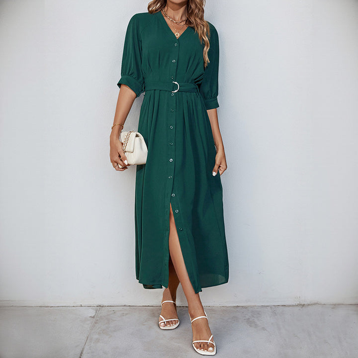 Damen Midikleid mit durchgehender Knopfleiste, V-Ausschnitt und D-Ring-Taillengürtel Drune