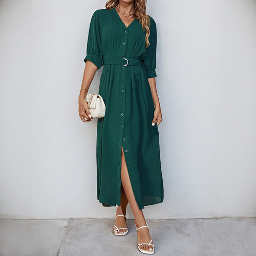 Damen Midikleid mit durchgehender Knopfleiste, V-Ausschnitt und D-Ring-Taillengürtel Drune