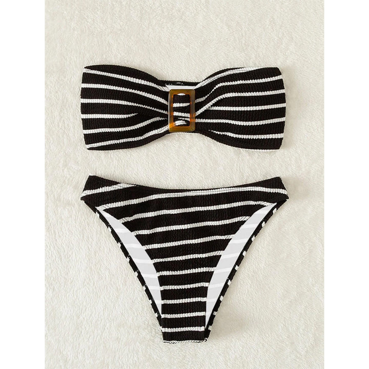 Damen Bandeau-Bikini-Set mit dekorativem Ring und verspieltem Streifenmuster Drune