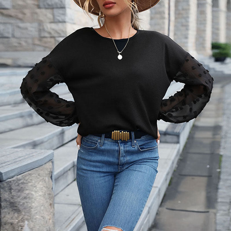 Damen Feinstrickpullover mit transparenten Chiffon-Ärmeln und Punktapplikationen Drune