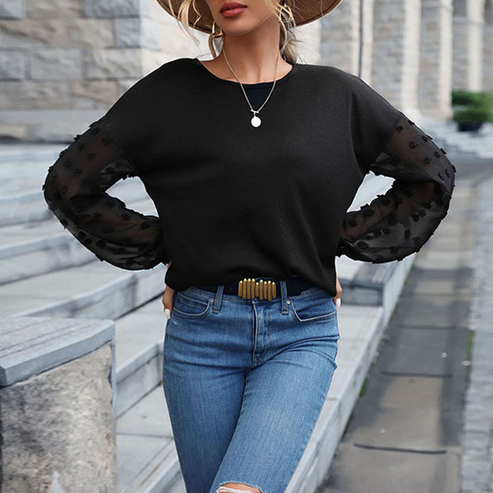 Damen Feinstrickpullover mit transparenten Chiffon-Ärmeln und Punktapplikationen Drune