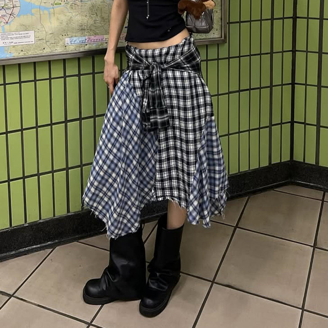 Damen Asymmetrischer Midirock im Karo-Patchwork mit Bundschärpe Drune