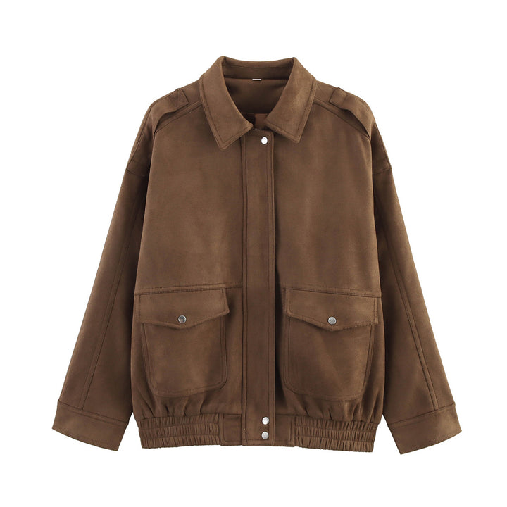 Damen nan Oversize-Fieldjacke in Velourslederoptik mit Pattentaschen, Hemdkragen und elastischem Saum Drune