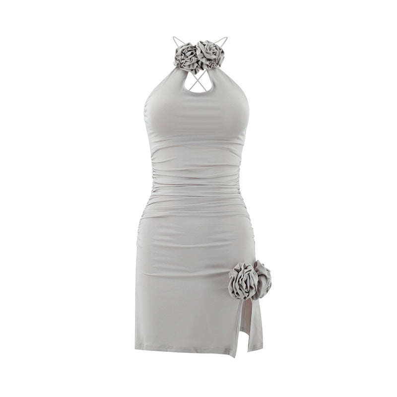 Damen figurbetontes Strandkleid mit dekorativen Rosenapplikationen Drune