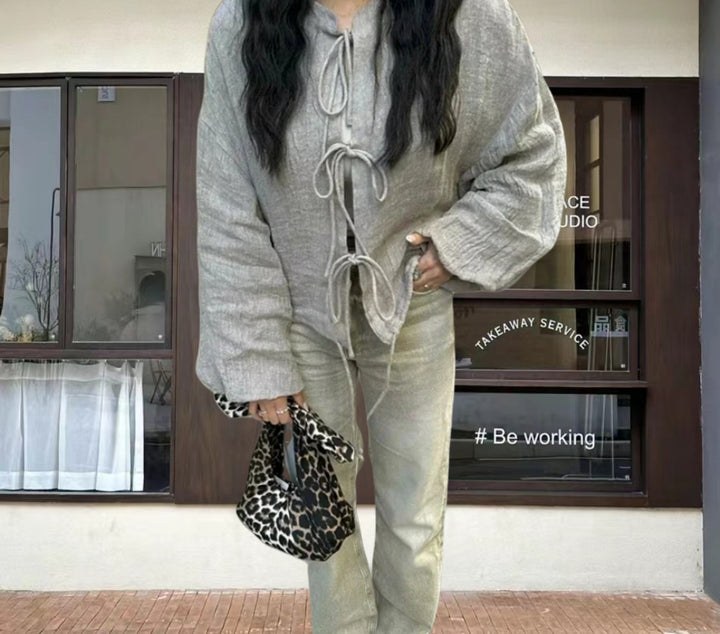 Damen leicht gefütterte Knitjacke mit Kordelzug und weiten Ärmeln Drune