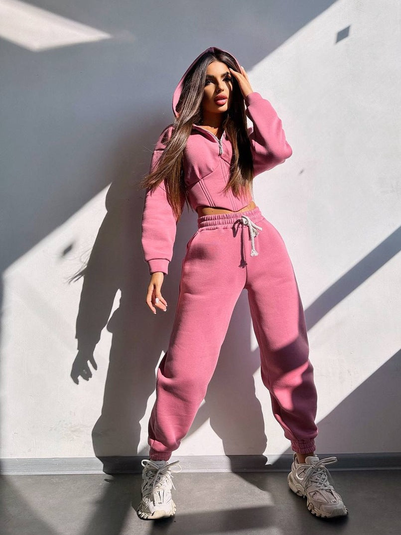 Damen Crop-Kapuzenjacke mit Korsagennaht und High-Waist Jogginghose Drune