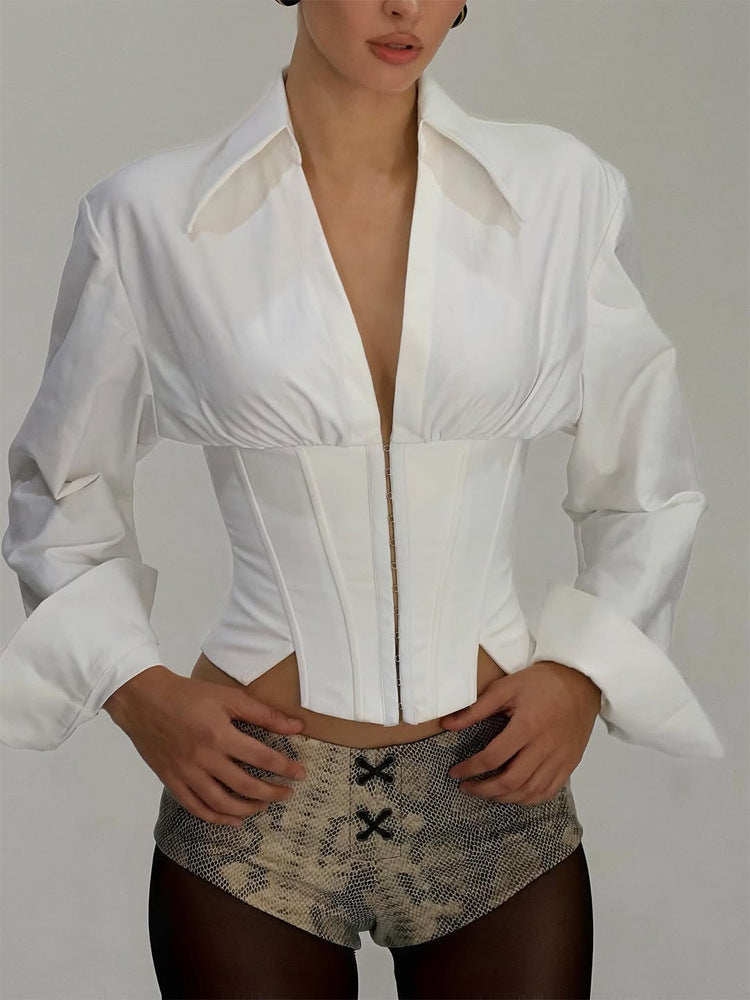Damen Taillierter Korsett-Bustier mit integrierter Hemdbluse und Frontverschluss Drune