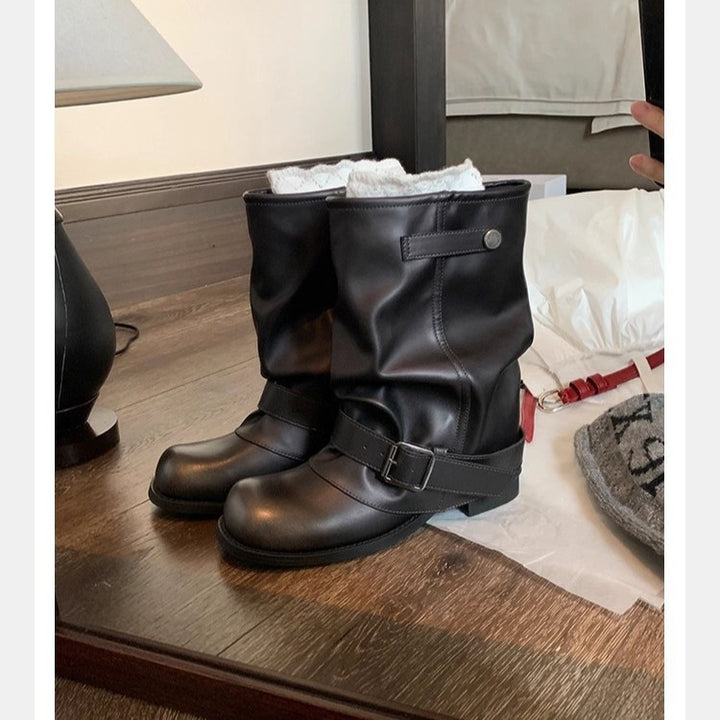 Damen Mid-Calf Bikerstiefel aus Glattleder mit verstellbarem Schnallenriemen Drune