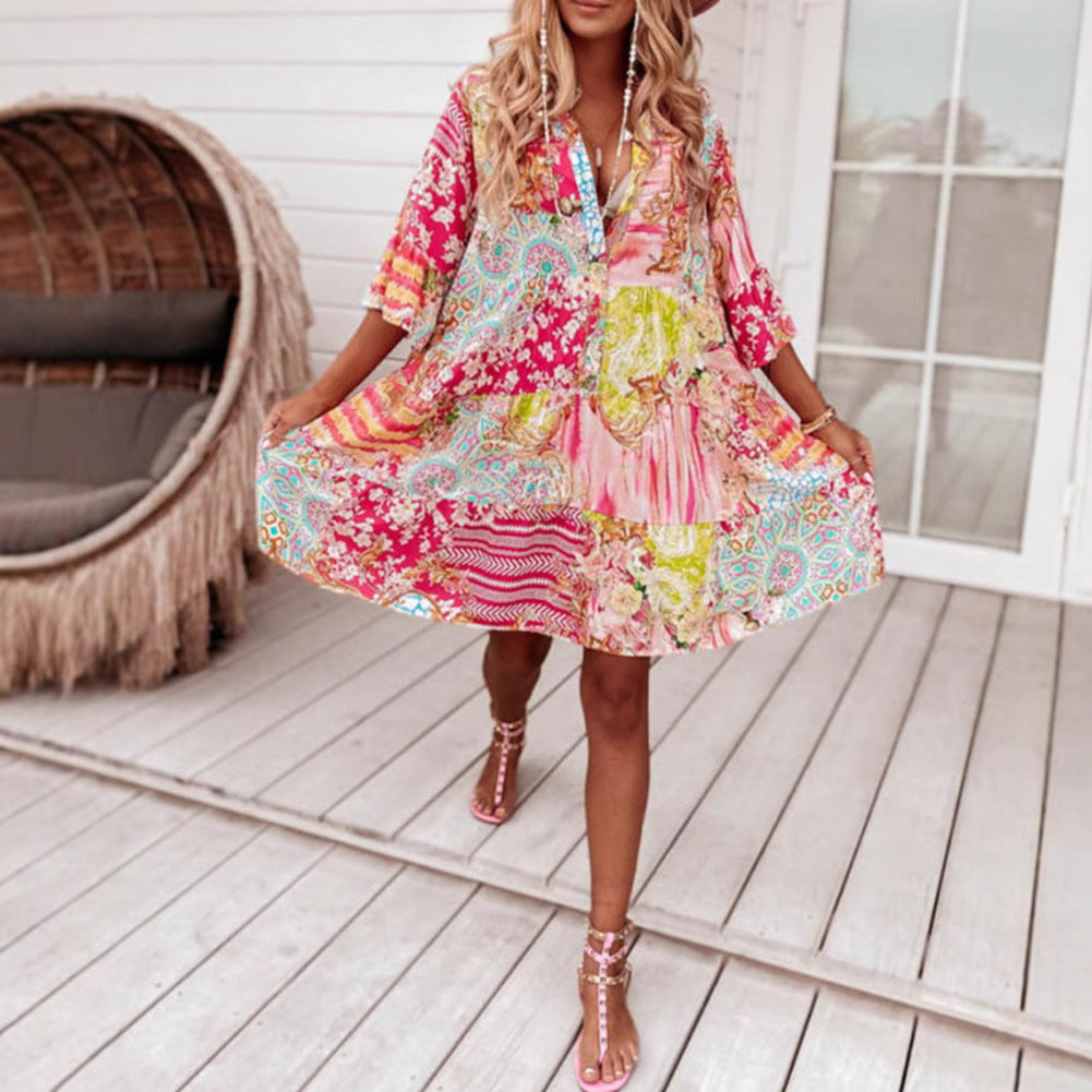 Damen nan Luftiges Stufenkleid im Patchwork-Boho-Stil mit Stehkragen, geraffter Taillennaht und Dreiviertelärmeln Drune