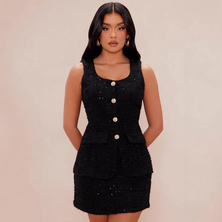 Damen Tweed Mini-Kleid mit zeitlosen Knopfdetails und eleganter Silhouette Drune