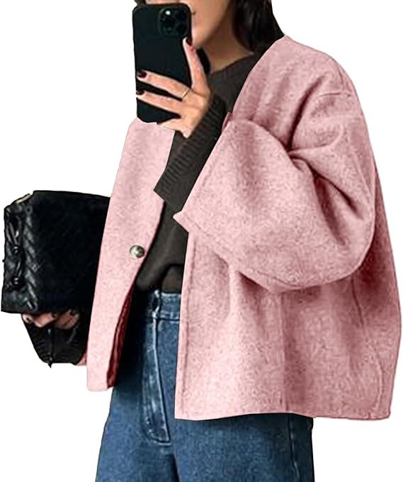 Damen Kurz geschnittene Oversize Wolljacke mit kastigem Schnitt und Ein-Knopf-Verschluss Drune