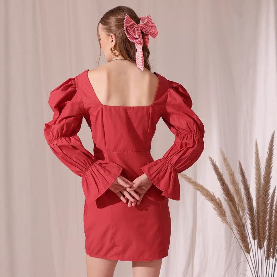 Damen Puffärmeliges Mini-Kleid mit eckigem Ausschnitt, Kordel-Bustier und Glockenärmeln Drune