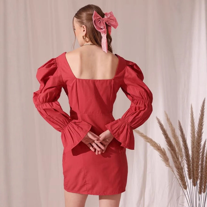 Damen Puffärmeliges Mini-Kleid mit eckigem Ausschnitt, Kordel-Bustier und Glockenärmeln Drune