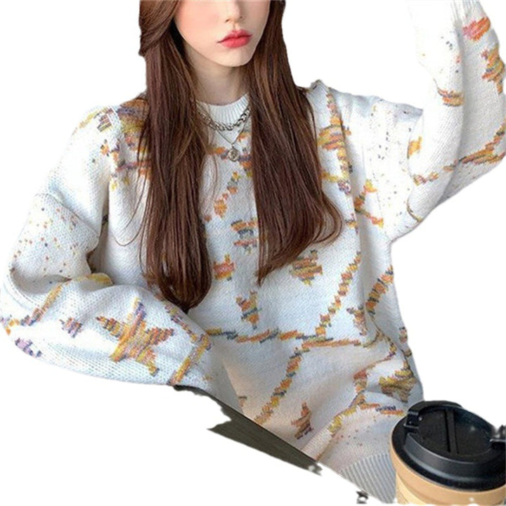 Damen Gemusterter Grobstrickpullover mit weitem Schnitt Drune