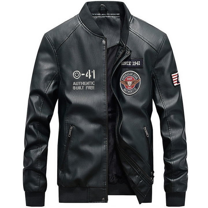 Herren nan leichte Kunstleder-Bomberjacke im Pilotenstil mit gestickten Patches und verdeckter Reißverschlussleiste Drune