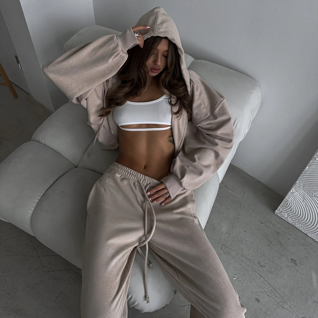 Damen Cropped-Zip-Hoodie und weite High-Waist-Loungehose Zweiteiler Drune