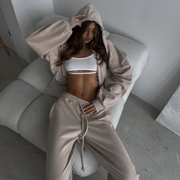 Damen Cropped-Zip-Hoodie und weite High-Waist-Loungehose Zweiteiler Drune