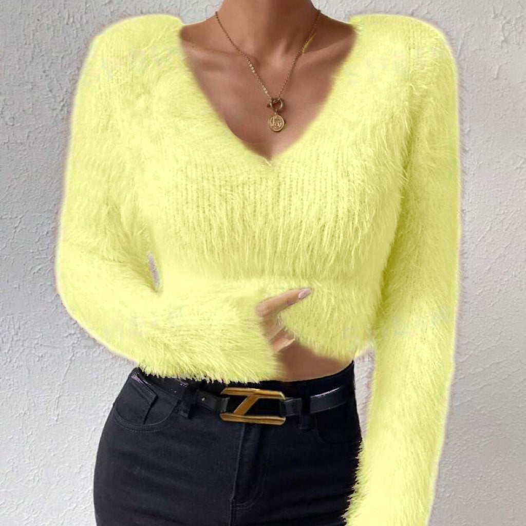 Damen Flauschiger Crop-Pullover mit V-Ausschnitt und Eyelash-Struktur Drune
