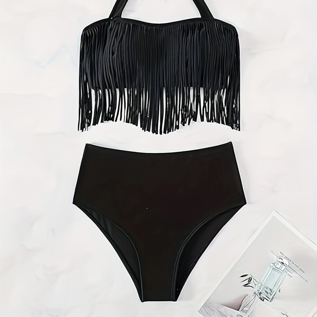 Damen Bikiniset mit fransigem Oberteil und hoch taillierter Hose Drune