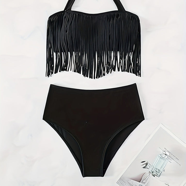 Damen Bikiniset mit fransigem Oberteil und hoch taillierter Hose Drune