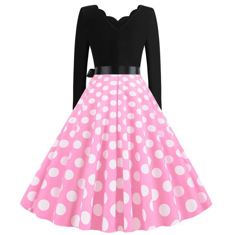 Damen Retro-Swingkleid mit langen Ärmeln tailliertem Oberteil gepunktetem Tellerrock und Schleifengürtel Drune