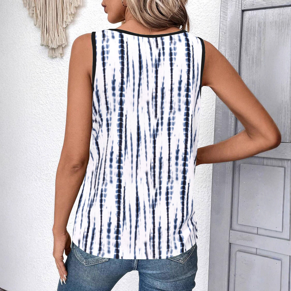 Damen nan ärmelloses V-Ausschnitt-Top mit Spitzenbesatz und vertikalem Batikprint Drune