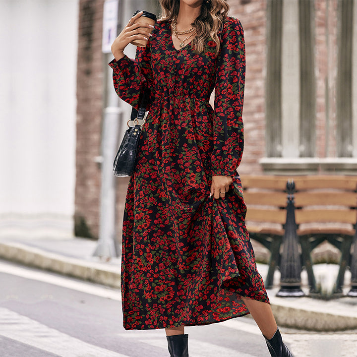 Damen Langes florales Maxikleid mit V-Ausschnitt, gerafftem Smokbund und fließendem A‑Linien‑Rock Drune