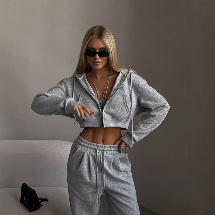 Damen sportliches Cropped Sweat-Set mit elastischem Bund und lässigem Schnitt Drune