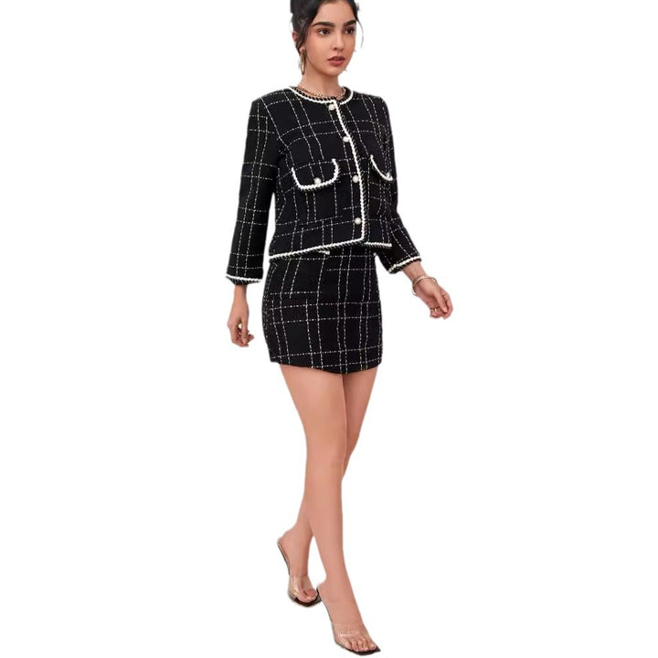 Damen Zweiteiliges Bouclé-Blazer-Set mit Zierstreifen und tailliertem Minirock Drune