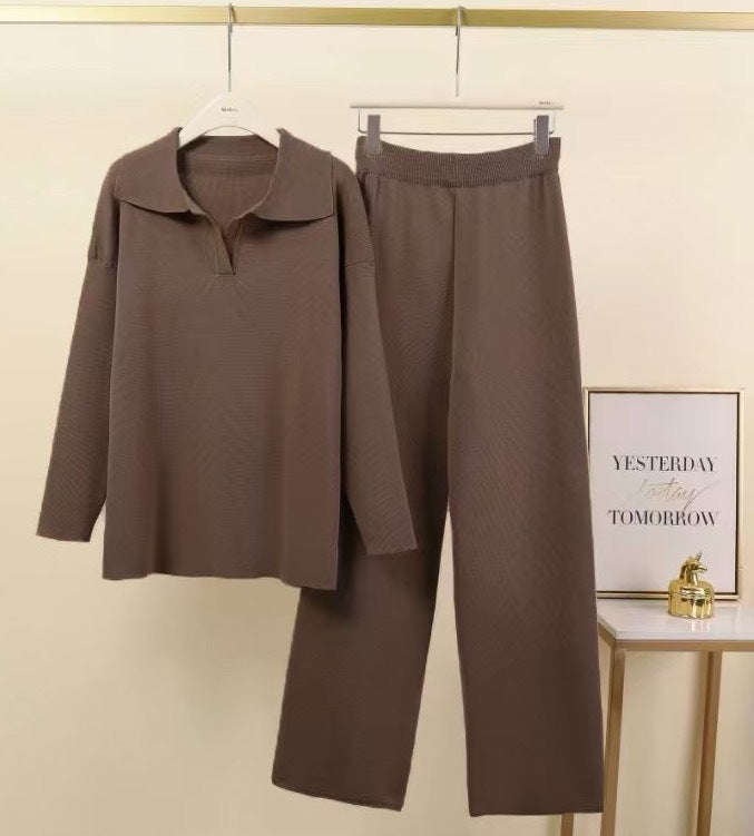 Damen Elegantes Freizeithosen- und Blusen-Set mit Kragen Drune