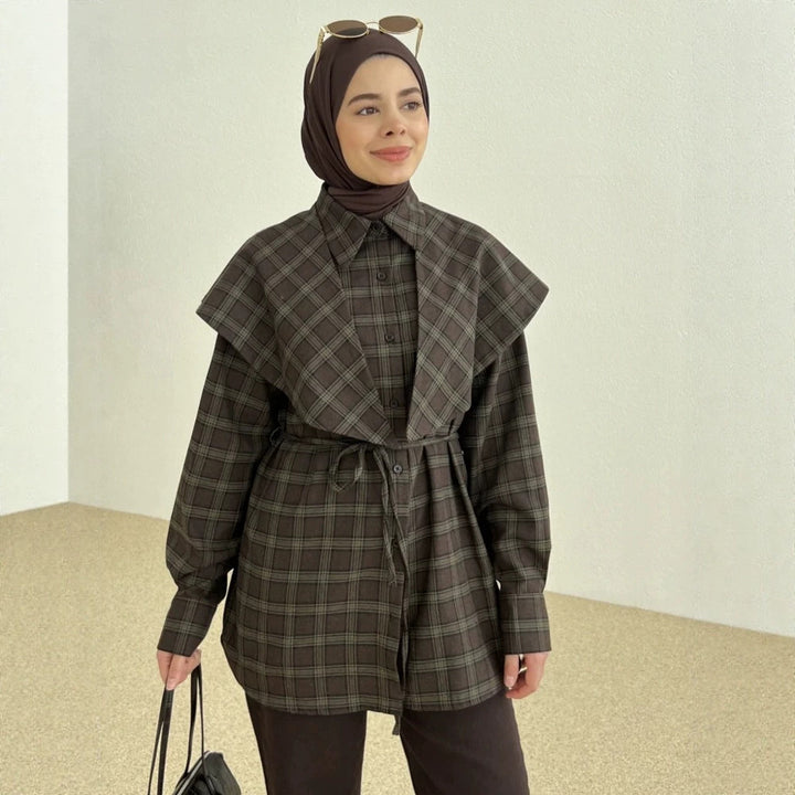 Damen Oversize-Kariertes Hemd mit Taillengürtel und verlängertem Rückensaum Drune