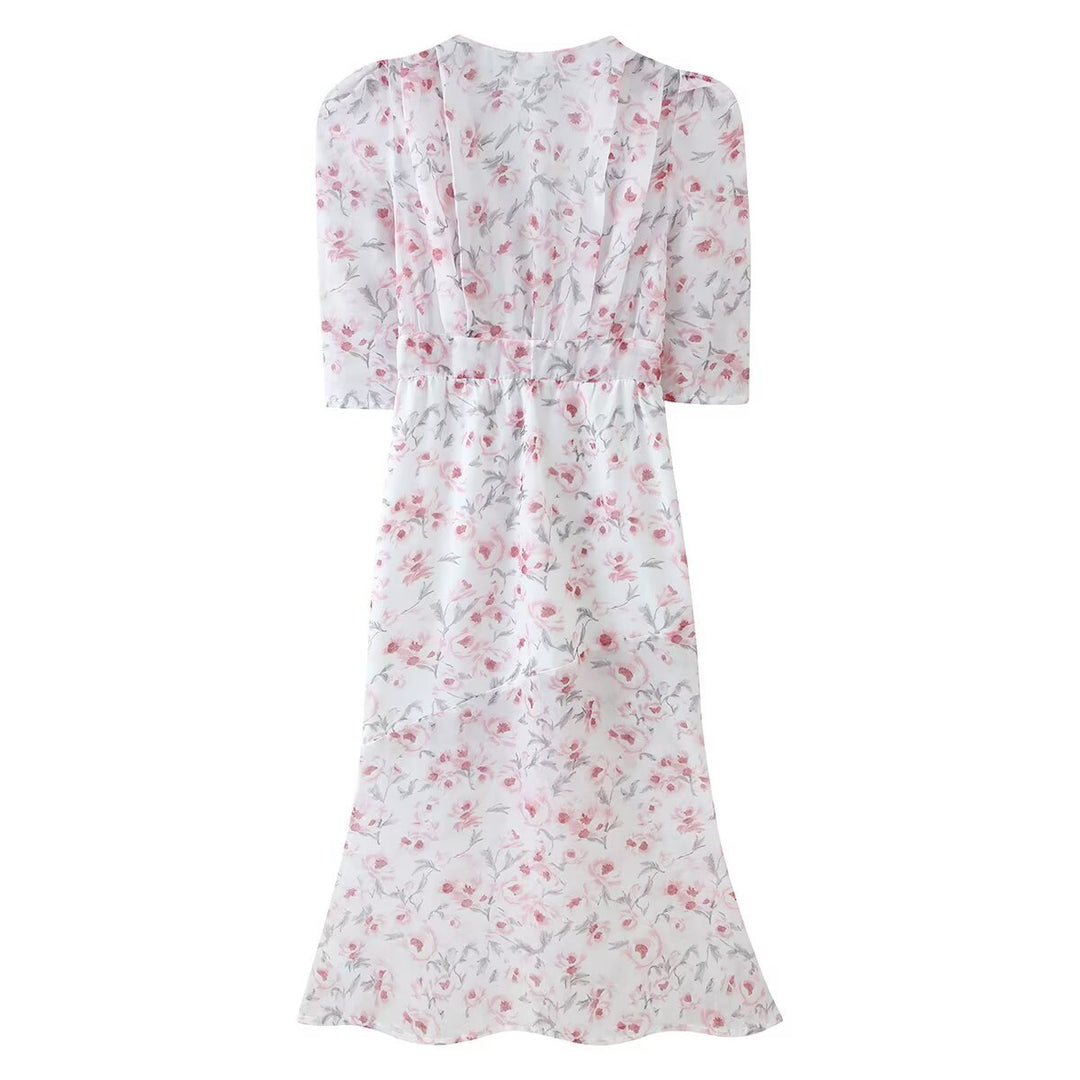Damen Chiffon-Midikleid mit floraler Allover‑Optik, V‑Ausschnitt und geraffter Taille Drune