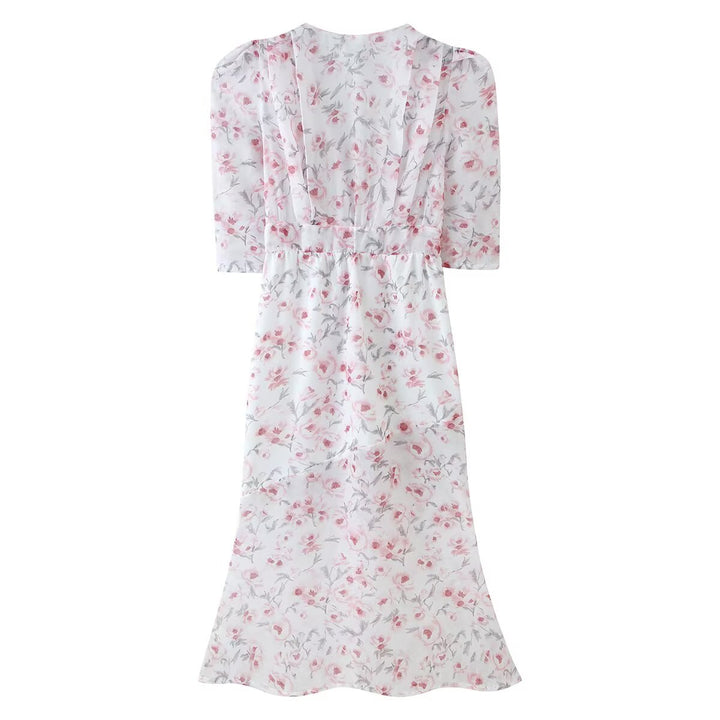 Damen Chiffon-Midikleid mit floraler Allover‑Optik, V‑Ausschnitt und geraffter Taille Drune