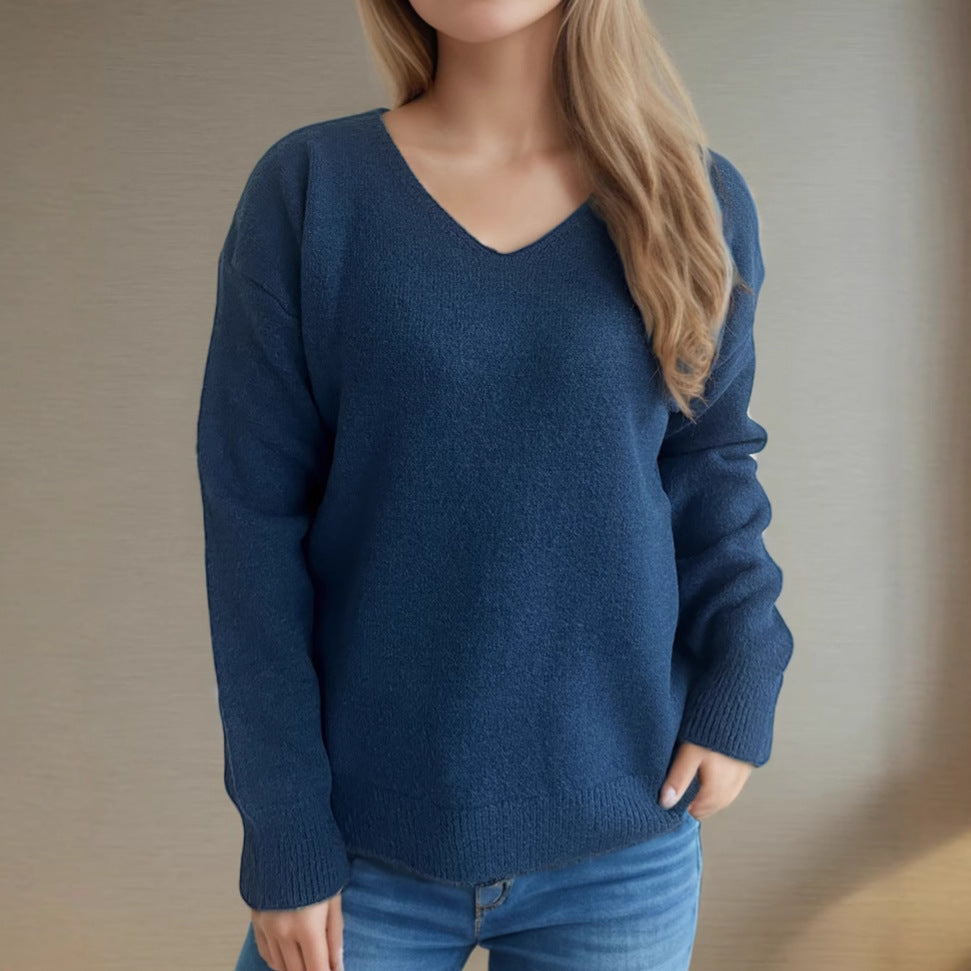 Damen bequemer V-Ausschnitt Pullover mit weichem Strickstoff Drune
