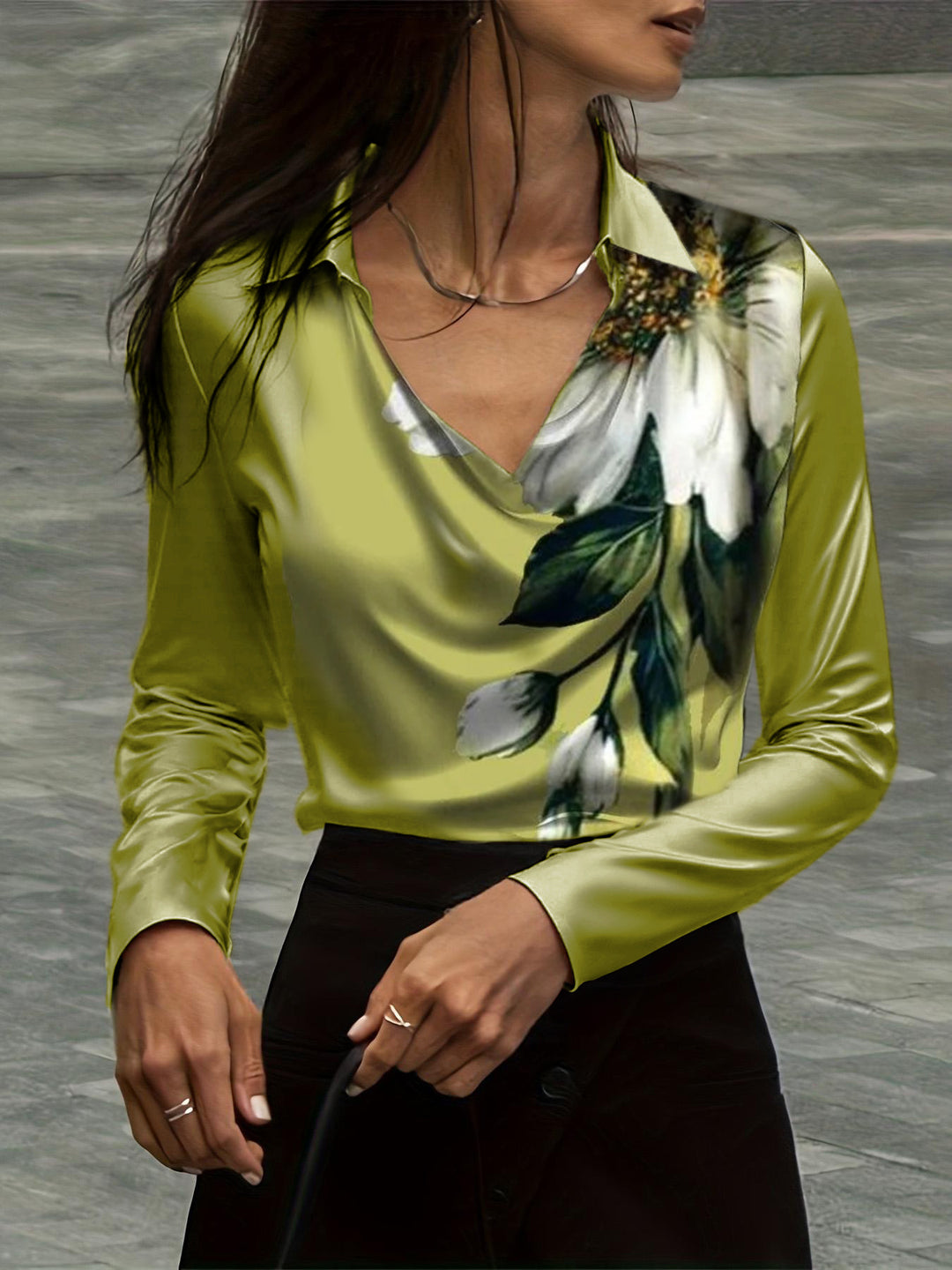 Damen Satinbluse mit Wasserfallkragen und Hemdkragen Drune