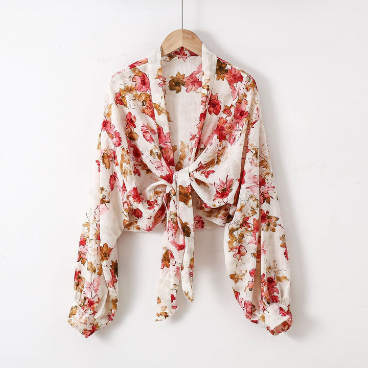 Damen nan florale Knoten-Bluse im Wickelstil mit Ballonärmeln und leichter Leinenoptik Drune