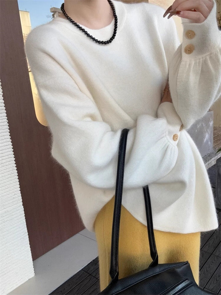 Damen Oversize-Feinstrickpullover mit Ballonärmeln und Knopfmanschette Drune