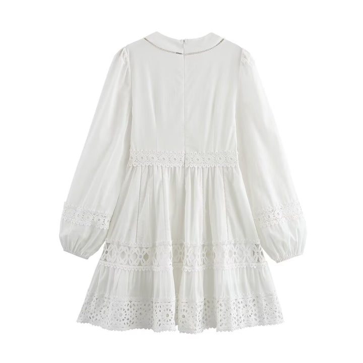 Damen Kurzes Boho-Kleid mit V‑Ausschnitt, Volantstufen und Häkelspitzen Drune