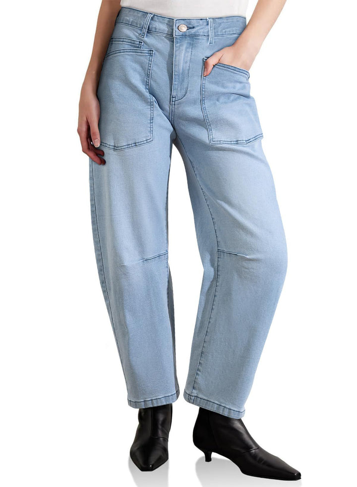 Damen nan lässige Canvas-Hose mit hohem Bund, weitem Bein und aufgesetzten Taschen Drune