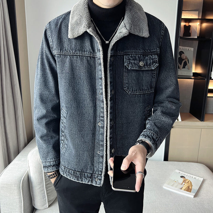 Herren Lässige Denimjacke mit Teddyfellkragen Drune
