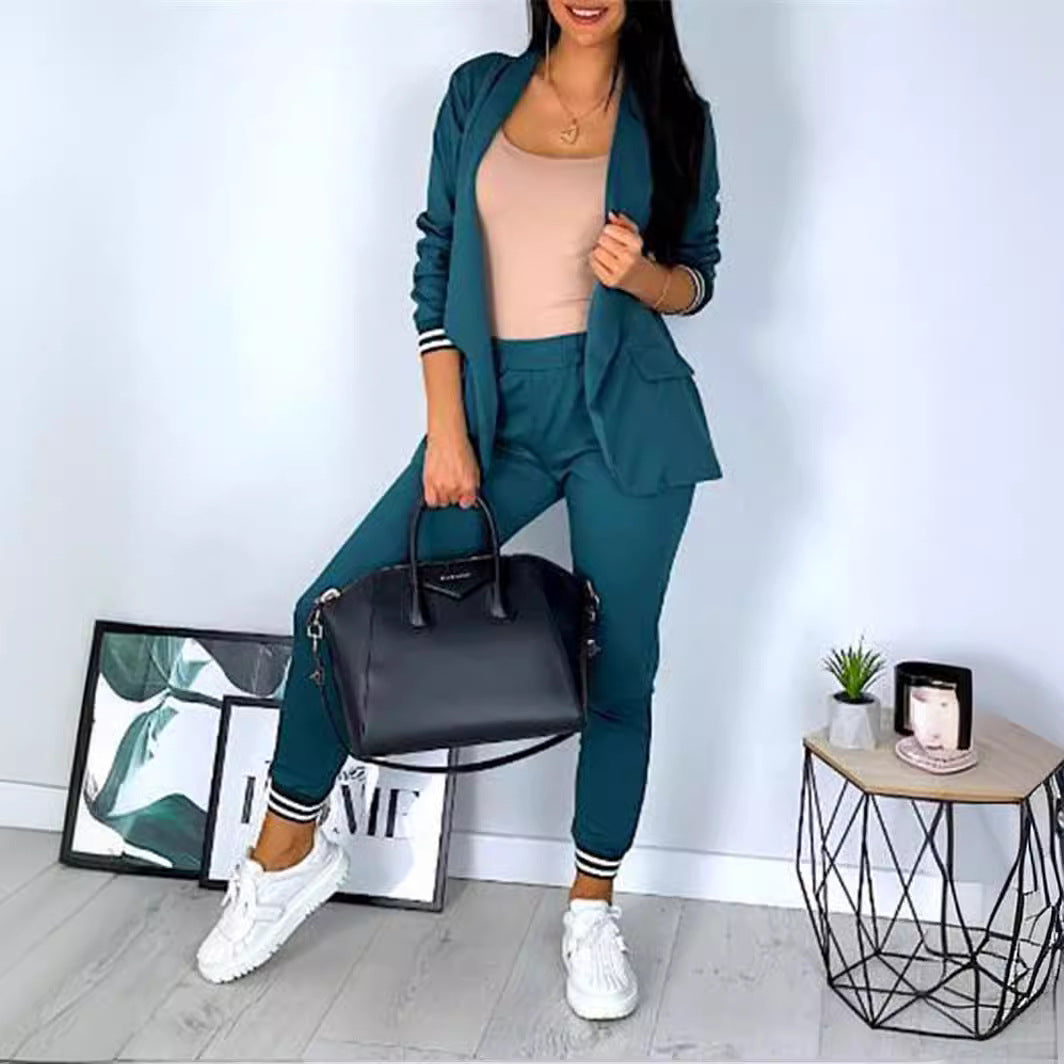 Damen nan sportlich-elegantes Blazer-Jogginghose Zweiteiler mit elastischem Bund und Bündchen Drune