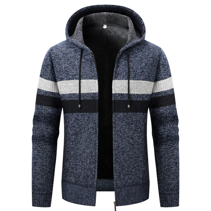 Herren Kapuzen-Strickjacke mit Teddyfutter, Reißverschluss und Kontraststreifen Drune