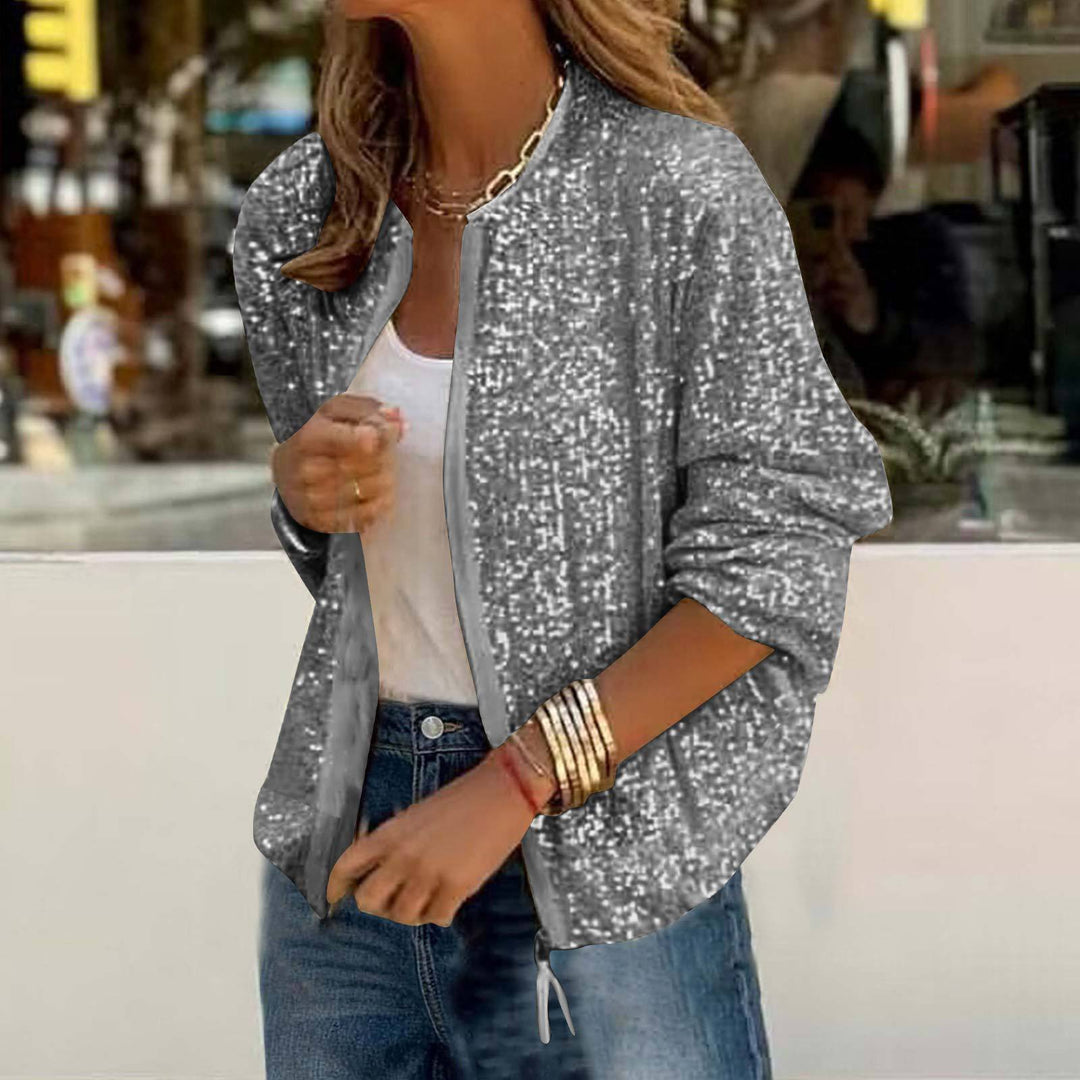 Damen Glamouröse Paillettenjacke mit durchgehendem Reißverschluss und langem Arm Drune