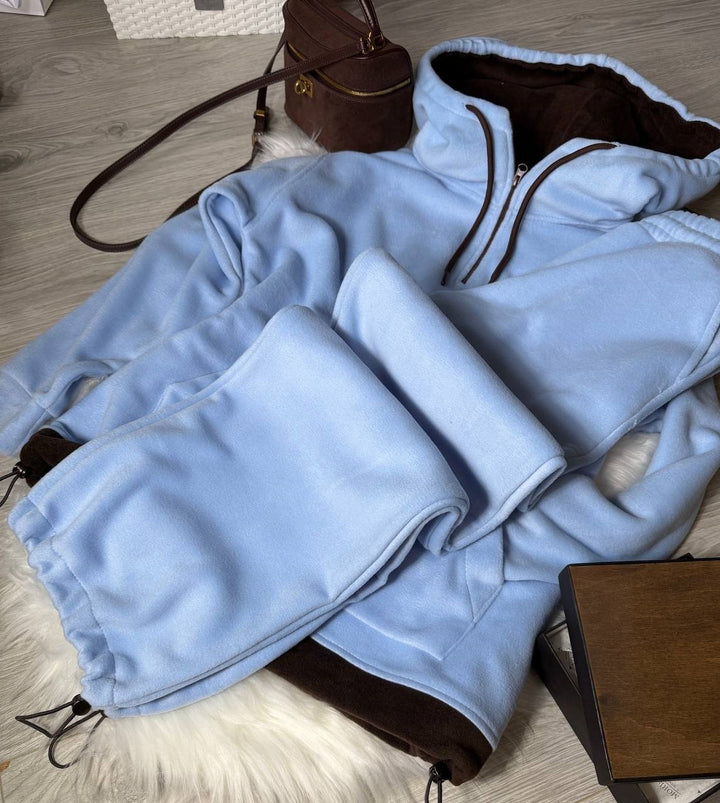 Damen Fleece-Loungewear-Set mit halbem Frontzip, gefütterter Kapuze und hochgeschnittener Komforthose Drune
