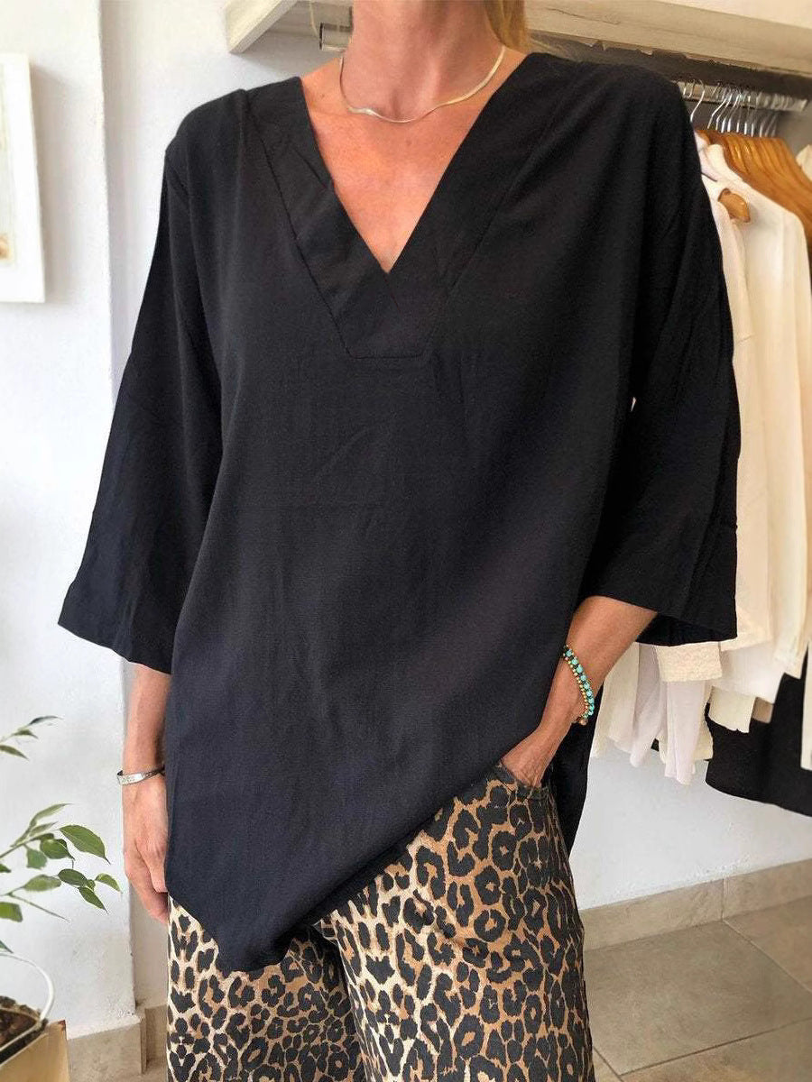 Damen lässiges V-Ausschnitt Shirt mit weiten Ärmeln Drune