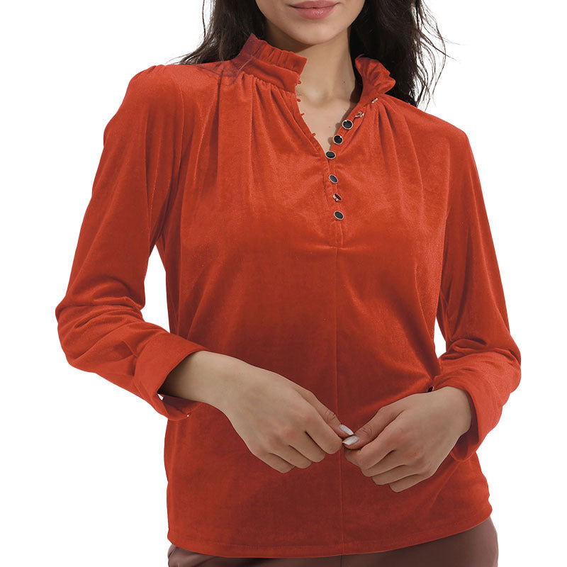 Damen Elegantes Samtoberteil mit gerafftem Kragen und Knopfdetails Drune