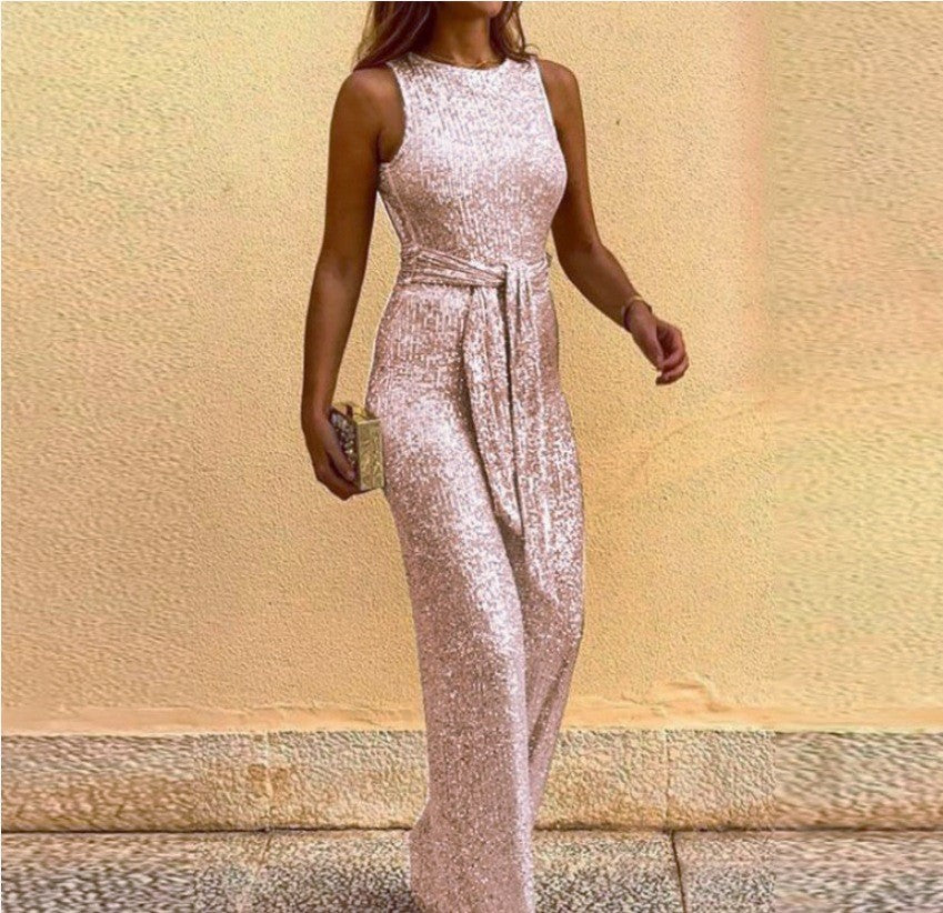 Damen Glamouröses Maxikleid mit glänzendem Paillettenbesatz und eleganter Taillenbindung Drune