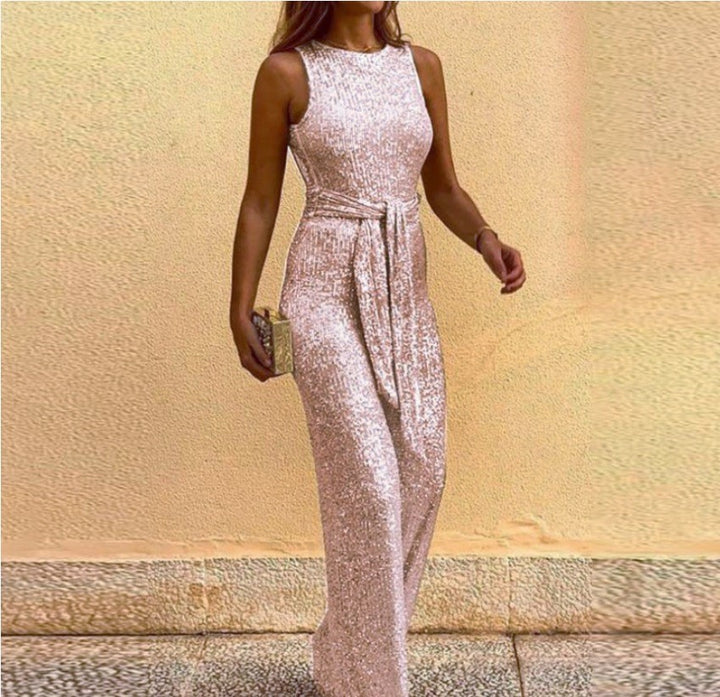 Damen Glamouröses Maxikleid mit glänzendem Paillettenbesatz und eleganter Taillenbindung Drune