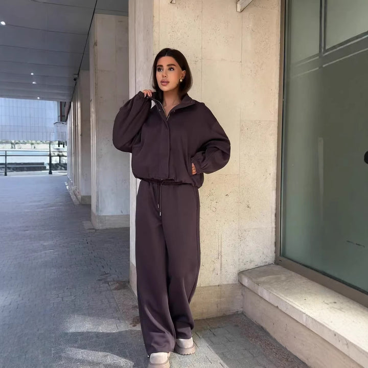 Damen gekürztes Reißverschluss-Hoodie mit Stehkragen und hochgeschnittener Kordel-Jogginghose Drune