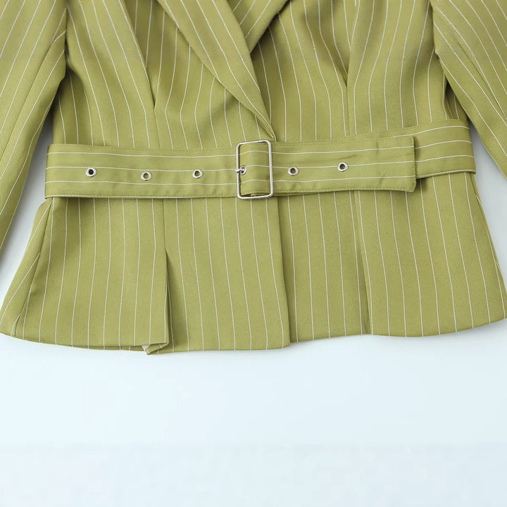 Damen Taillierter Cropped-Blazer mit Taillengürtel und Nadelstreifen Drune